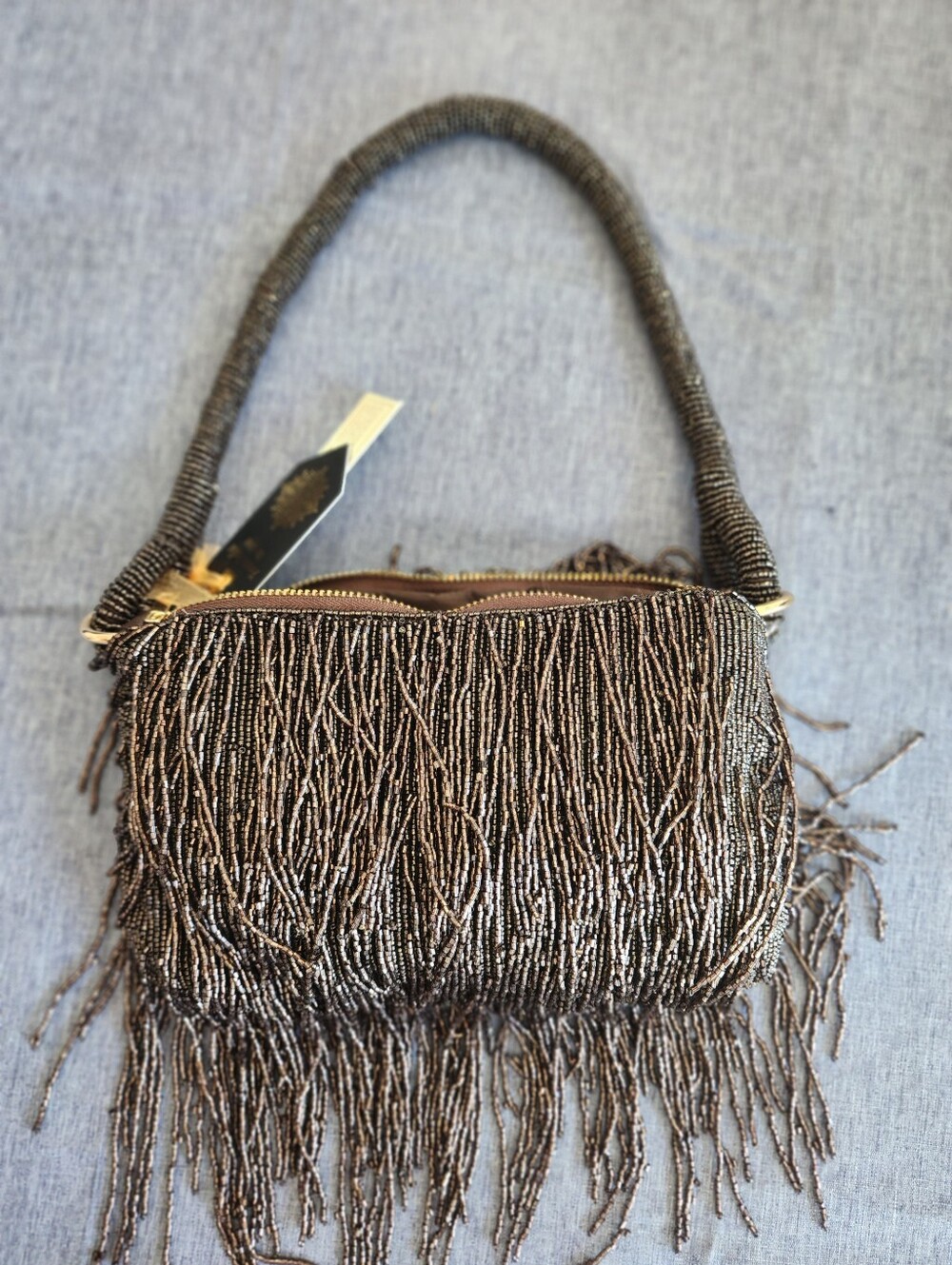 NWT From India To You Beaded Fringe Purse Bag -  Bronze Chocolate Brown